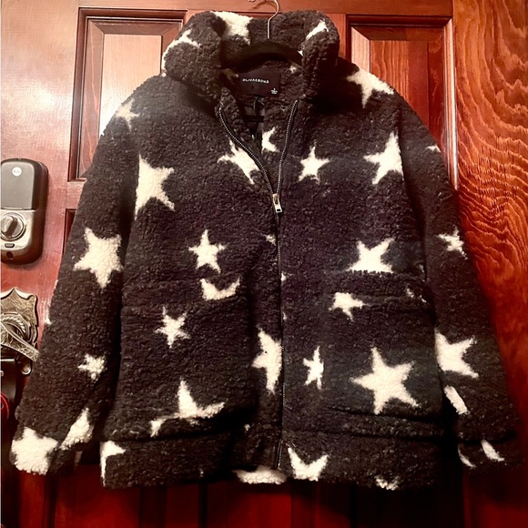 New NWT Vici teddy faux Sherpa black and white stars zippered jacket w/collar S - Picture 3 of 13